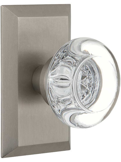 New York Rosette Door Set with Round Clear-Crystal Glass Knobs in Satin Nickel.